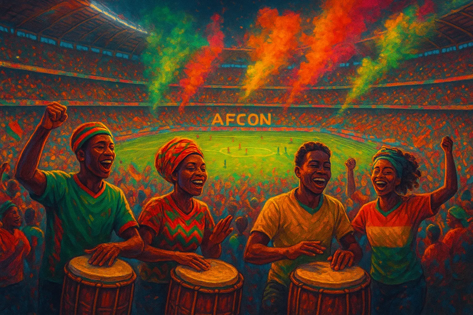 AFCON stadium filled with African fans, drums and colorful smoke