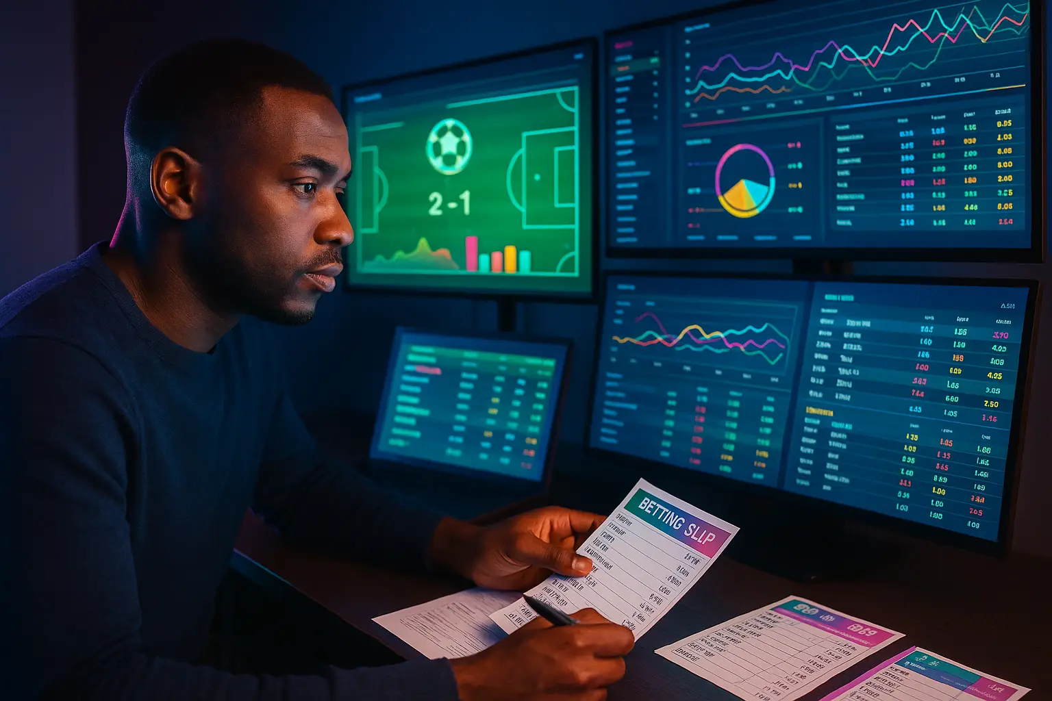 African analyst reviewing multiple soccer data screens with colorful charts