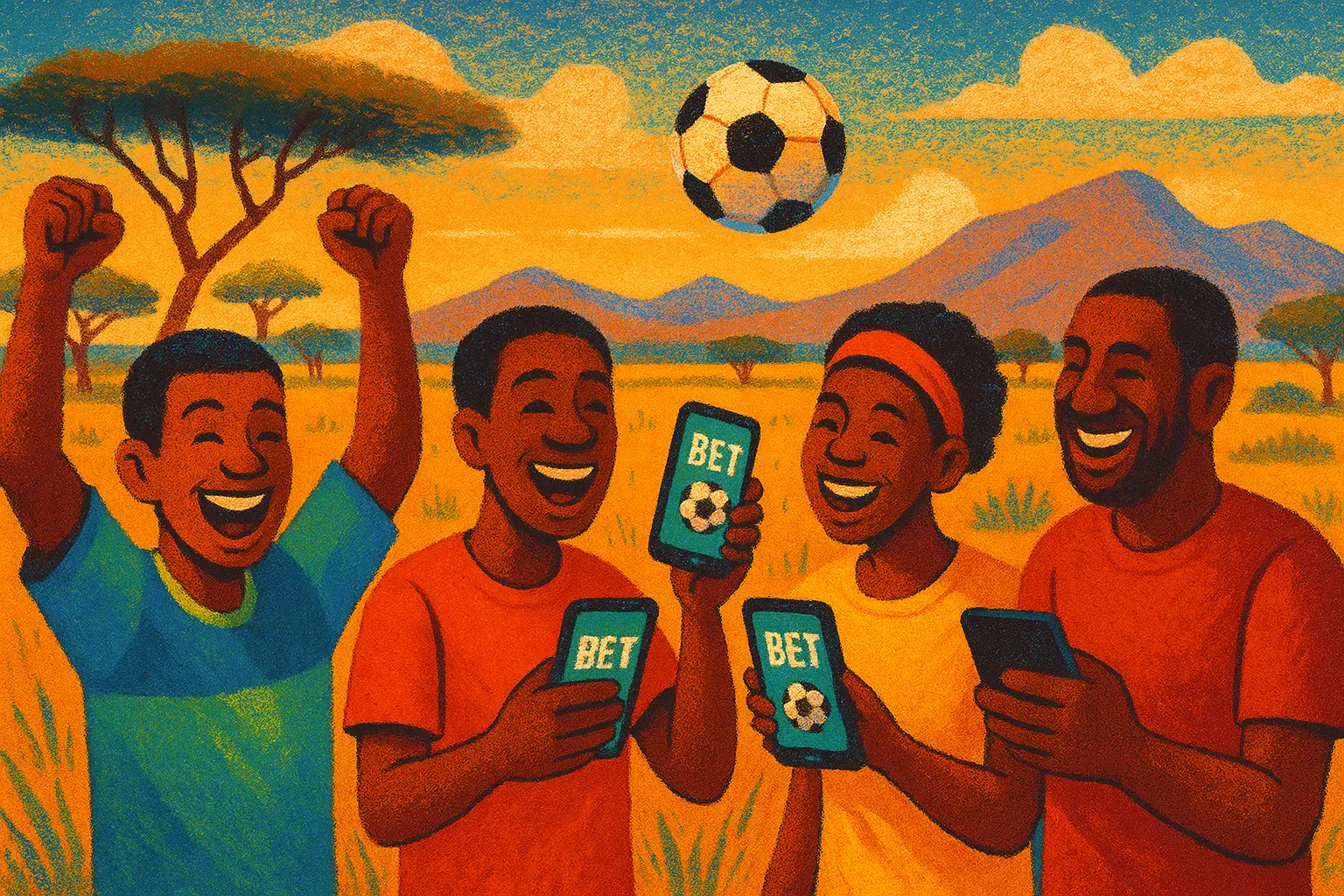 Botswana landscape with soccer fans celebrating with bookmaker mobile apps