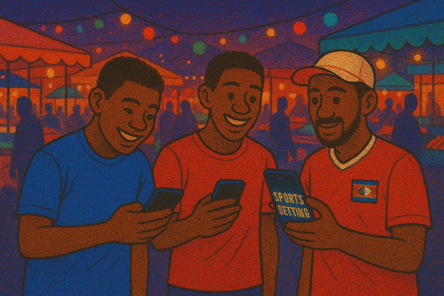 Eswatini soccer fans using bookmaker apps in Mbabane, colorful night markets, modern betting culture.