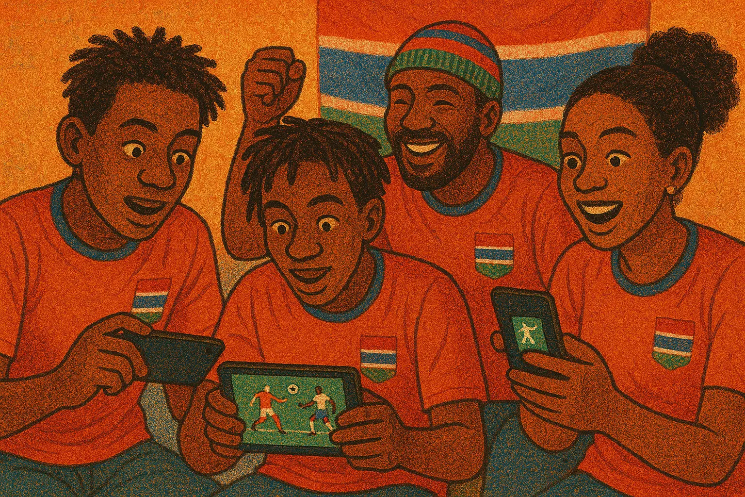 Gambian soccer fans watching international football matches on mobile devices