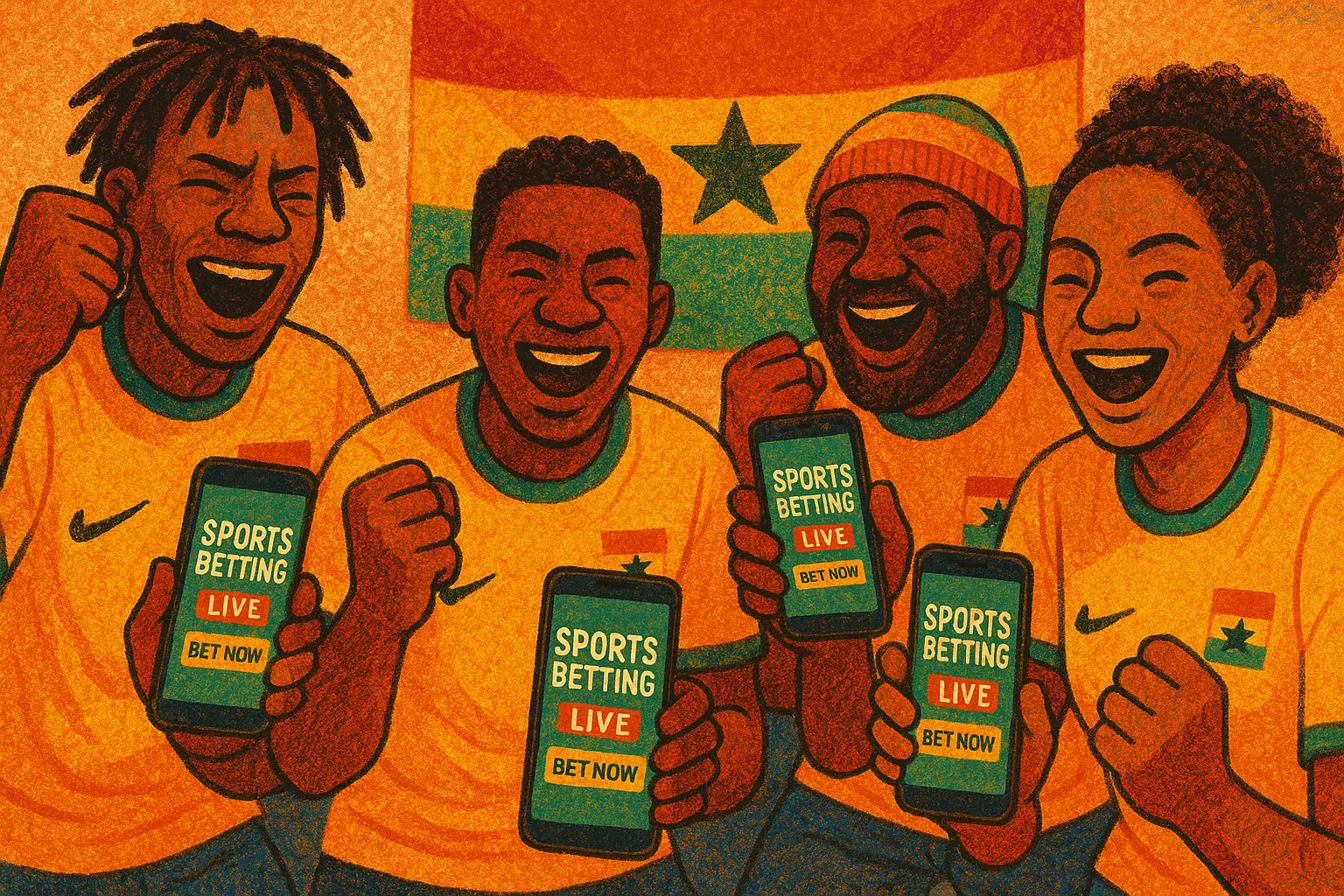 Ghanaian soccer fans celebrating with mobile phones and bookmaker apps