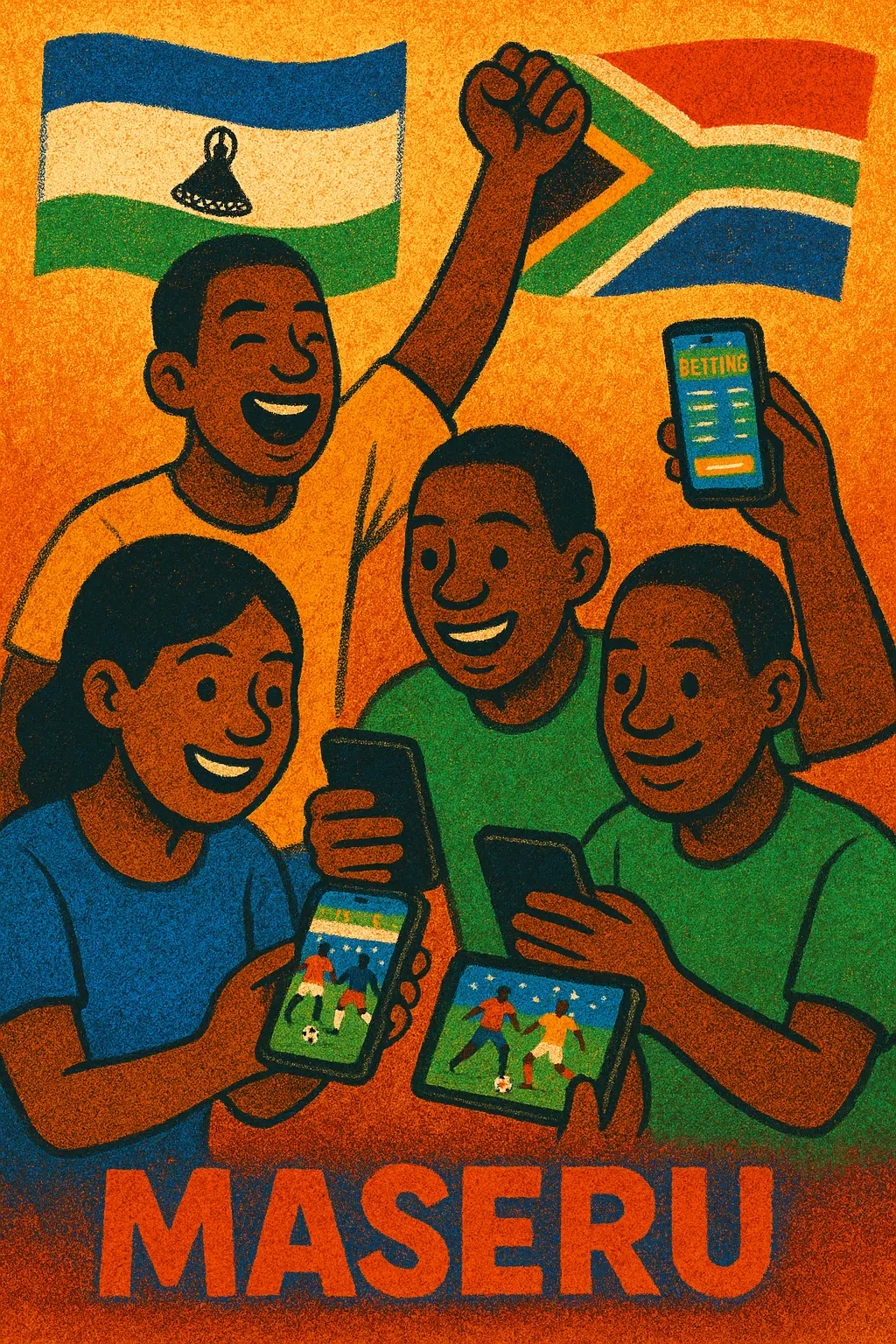 Lesotho soccer fans watching South African and international football matches on mobile devices with bookmaker apps in Maseru, festive colors, modern betting culture.