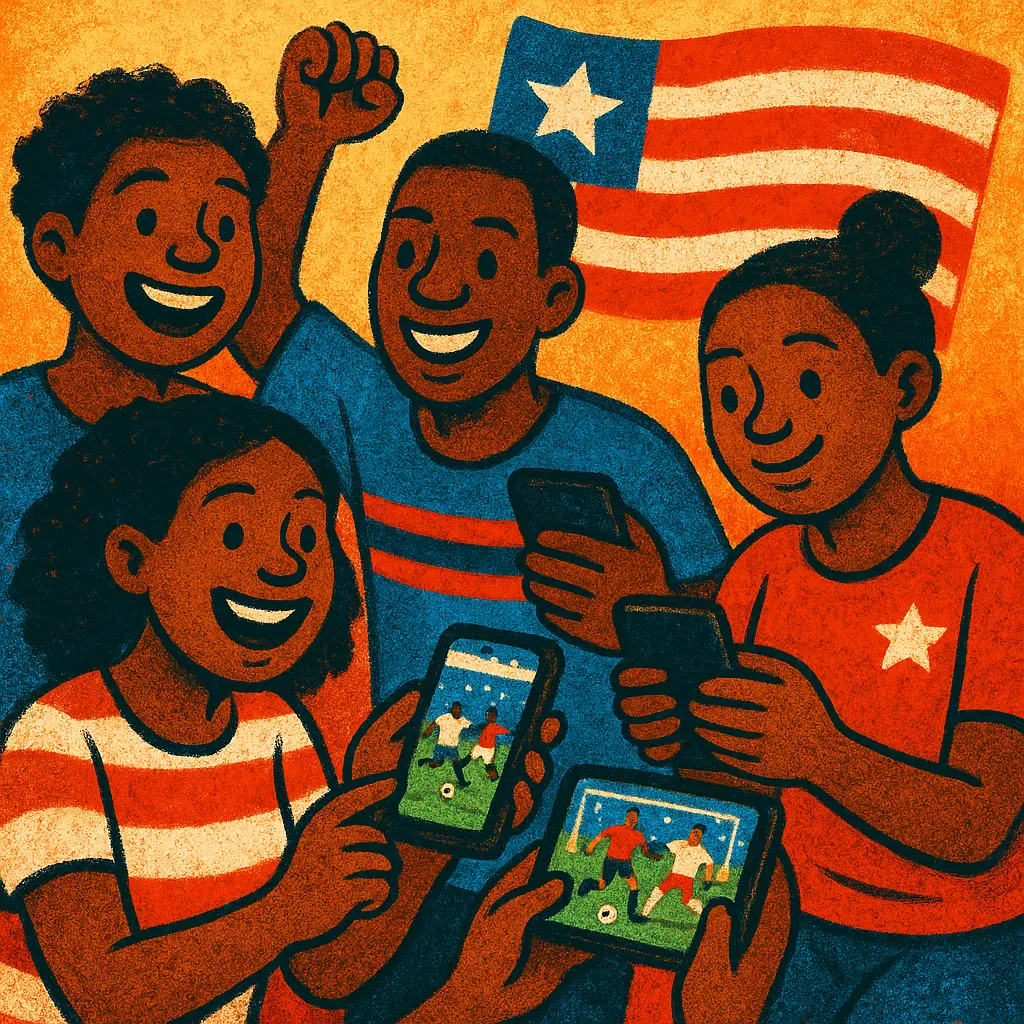 Liberian soccer fans watching international football matches on mobile devices
