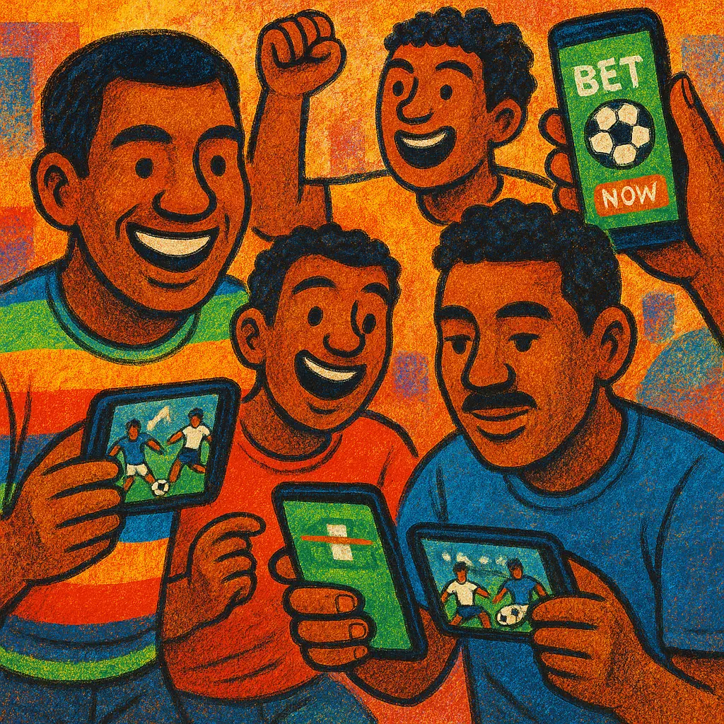 Mauritian soccer fans watching European and international football matches on mobile devices with bookmaker apps in Port Louis, festive colors, modern betting culture.