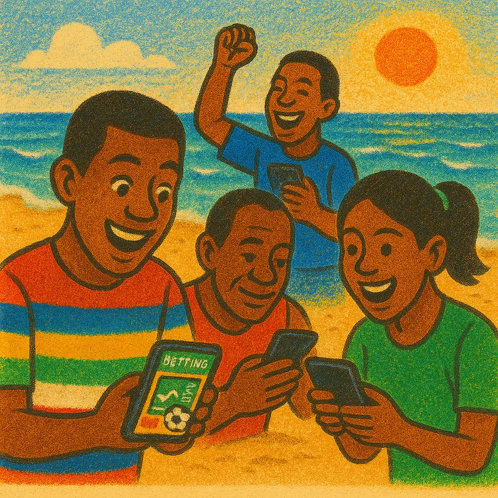 Seychellois soccer fans using bookmaker apps on a beach
