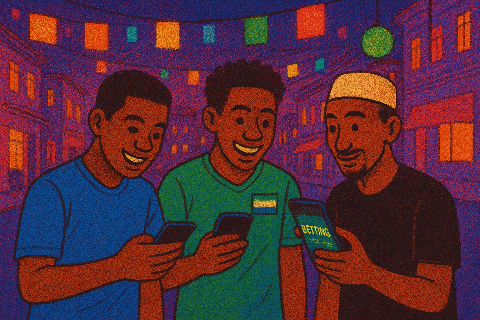 Sierra Leonean soccer fans using bookmaker apps in Freetown, colorful street lights, modern betting culture.