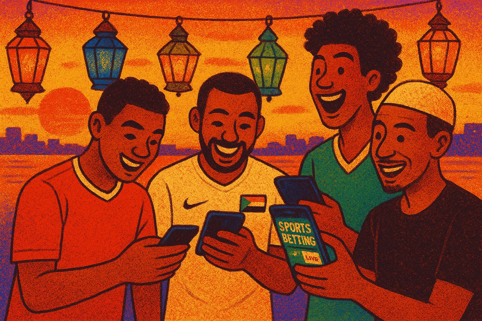 Sudanese soccer fans using bookmaker apps near the Nile at sunset, vibrant lanterns, modern betting vibe.
