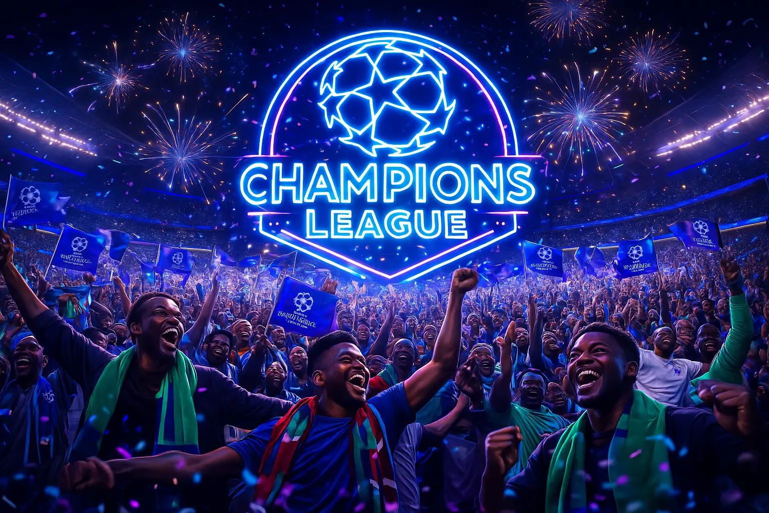 Champions League night scene with African fans and neon tifo