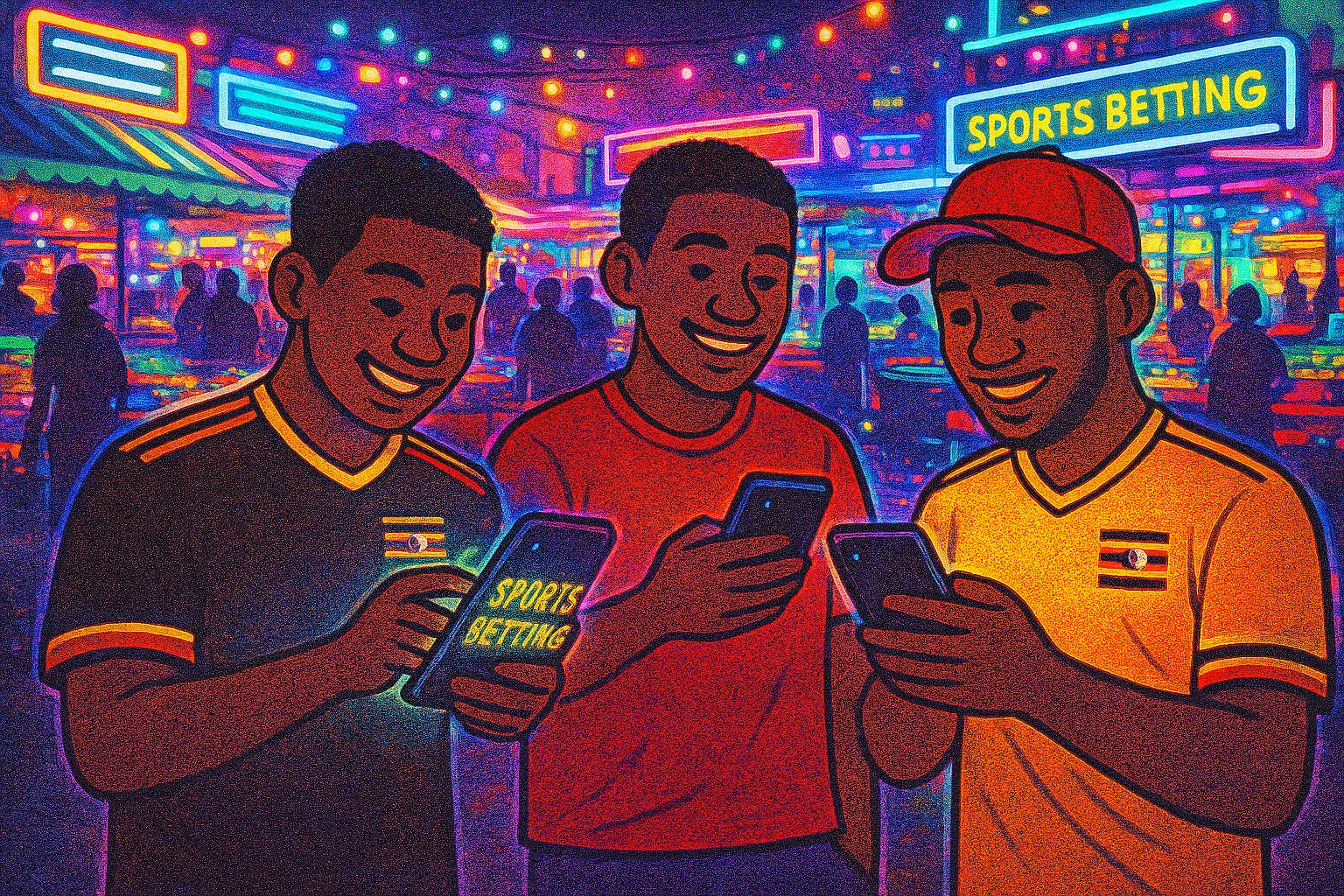 Ugandan soccer fans using bookmaker apps in a Kampala night market, neon lights, modern betting vibe.