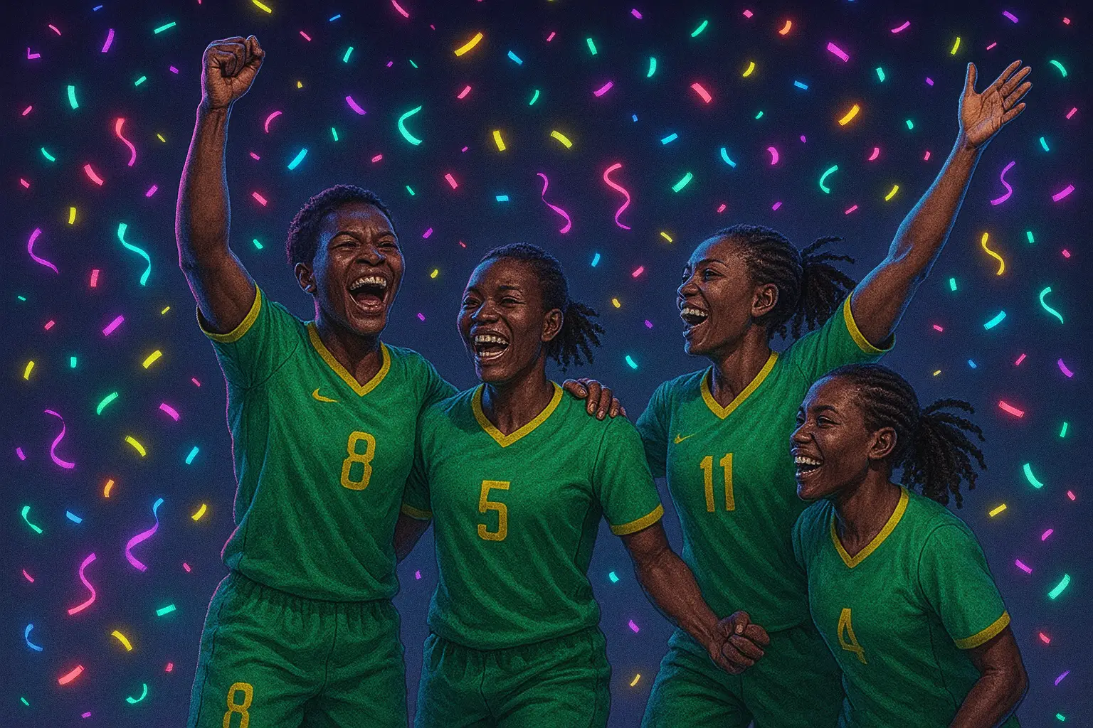 African women footballers celebrating with neon confetti