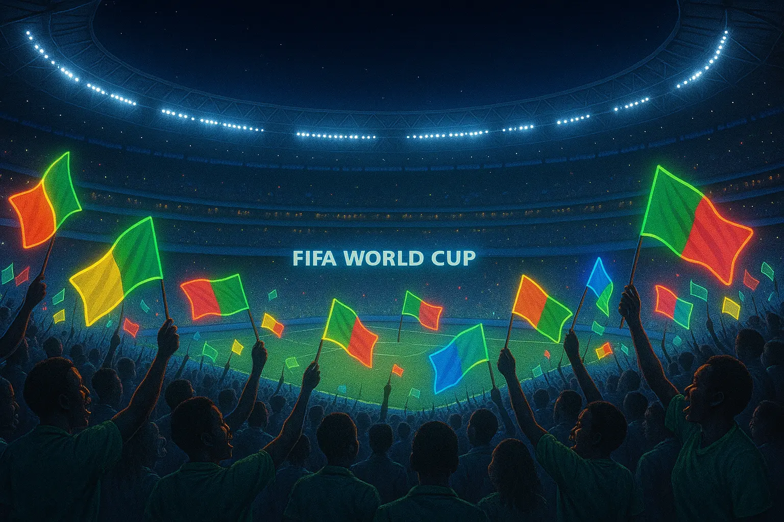 World Cup stadium at night with African fans waving neon flags