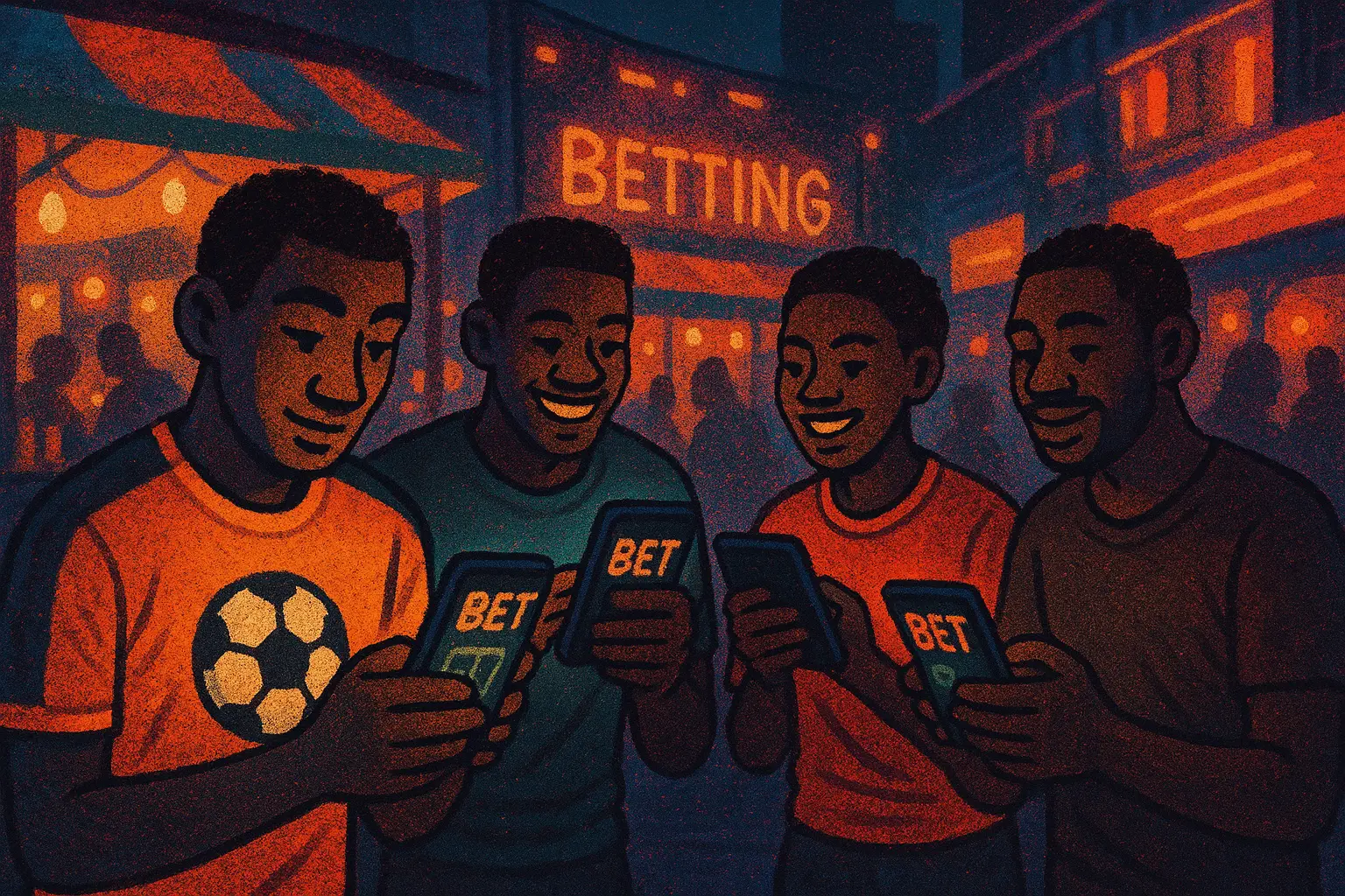 Zambian soccer fans using bookmaker apps in a Lusaka night market, copper-toned lighting, modern betting culture.