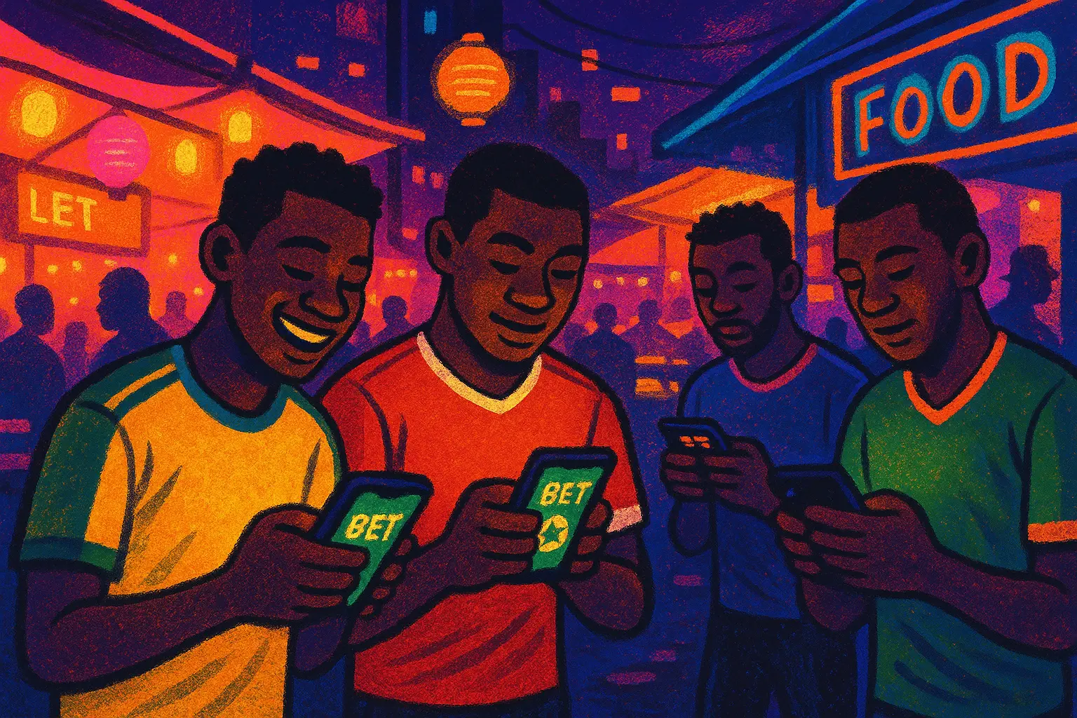 Zimbabwean soccer fans using bookmaker apps in a Harare night market, colorful lighting, modern betting culture.