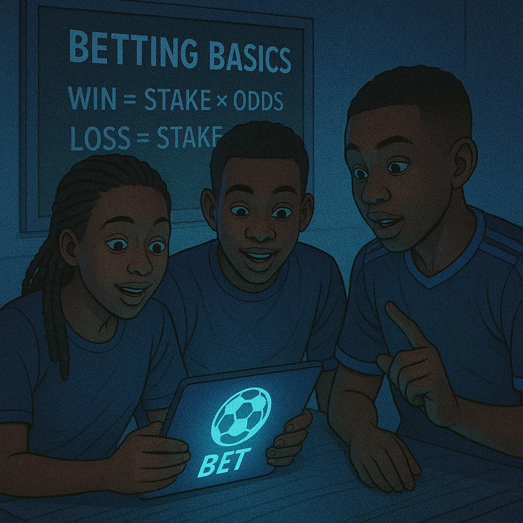 Young African soccer fans studying betting basics with a tablet and chalkboard