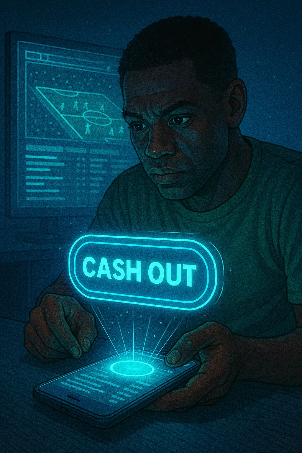 African soccer bettor analyzing a holographic cash-out button on a phone