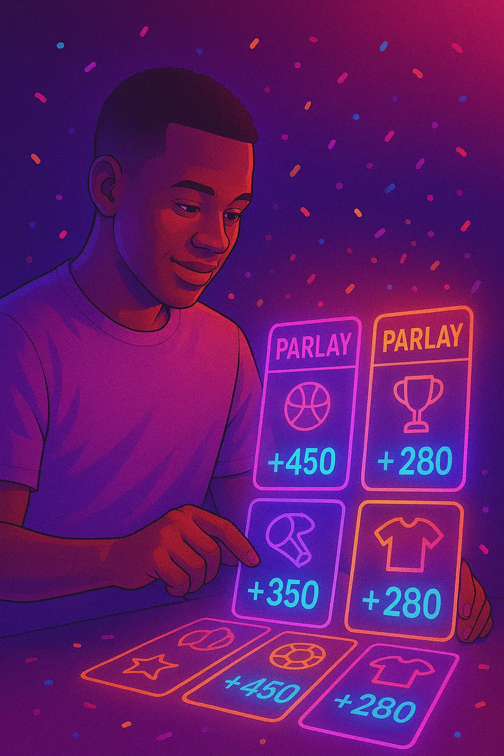 African bettor arranging parlay tickets with colorful icons