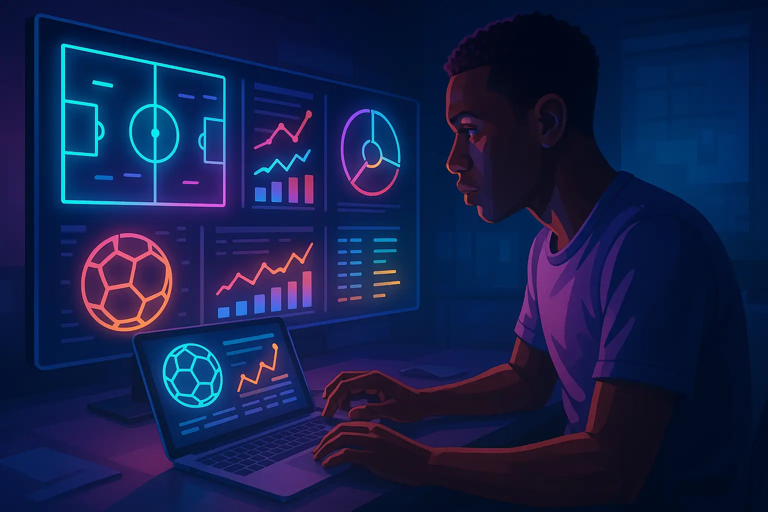 African bettor building a data dashboard filled with soccer charts