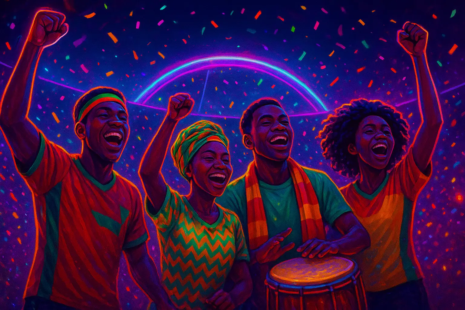 Festive African football fans celebrating a night match under neon lights and confetti