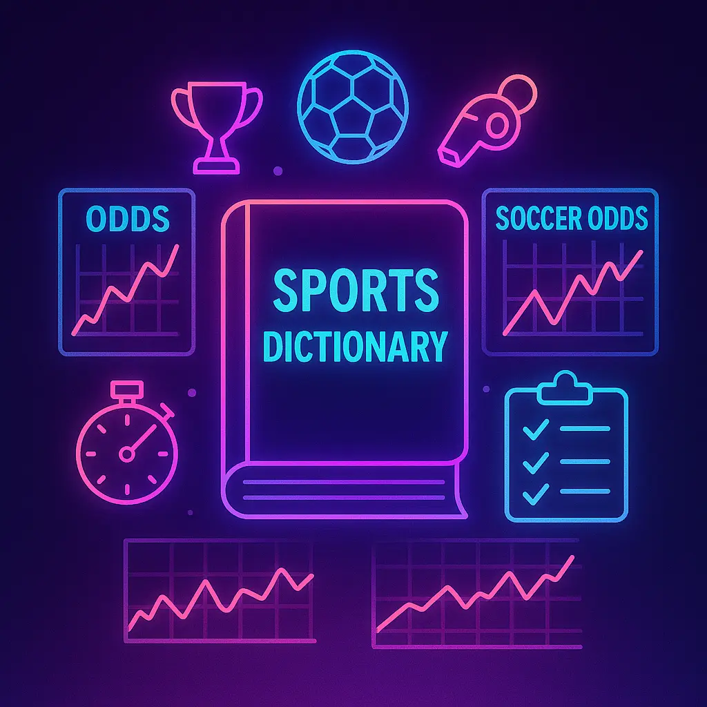 African sports dictionary with floating icons and soccer odds charts