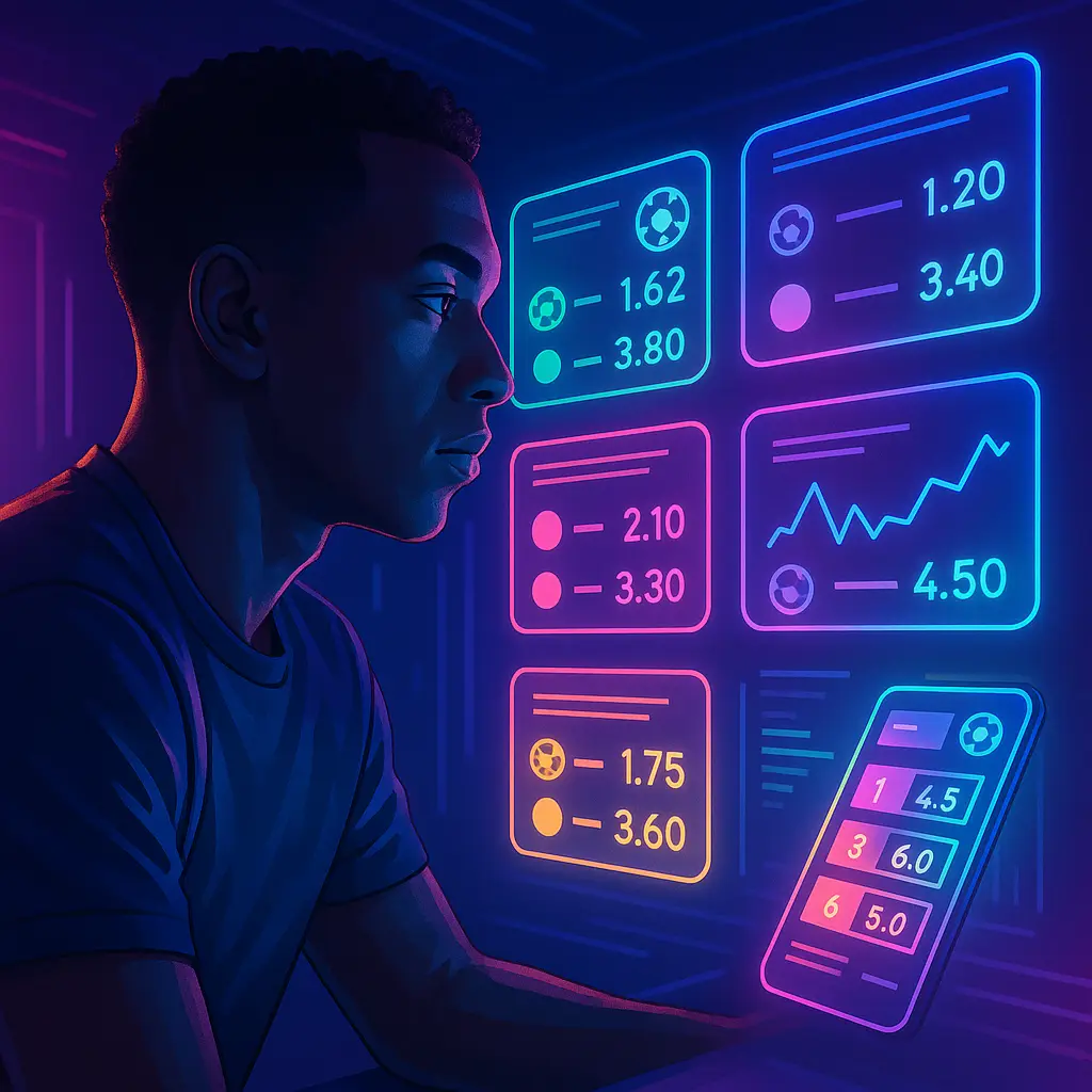 African analyst watching holographic soccer odds lines moving