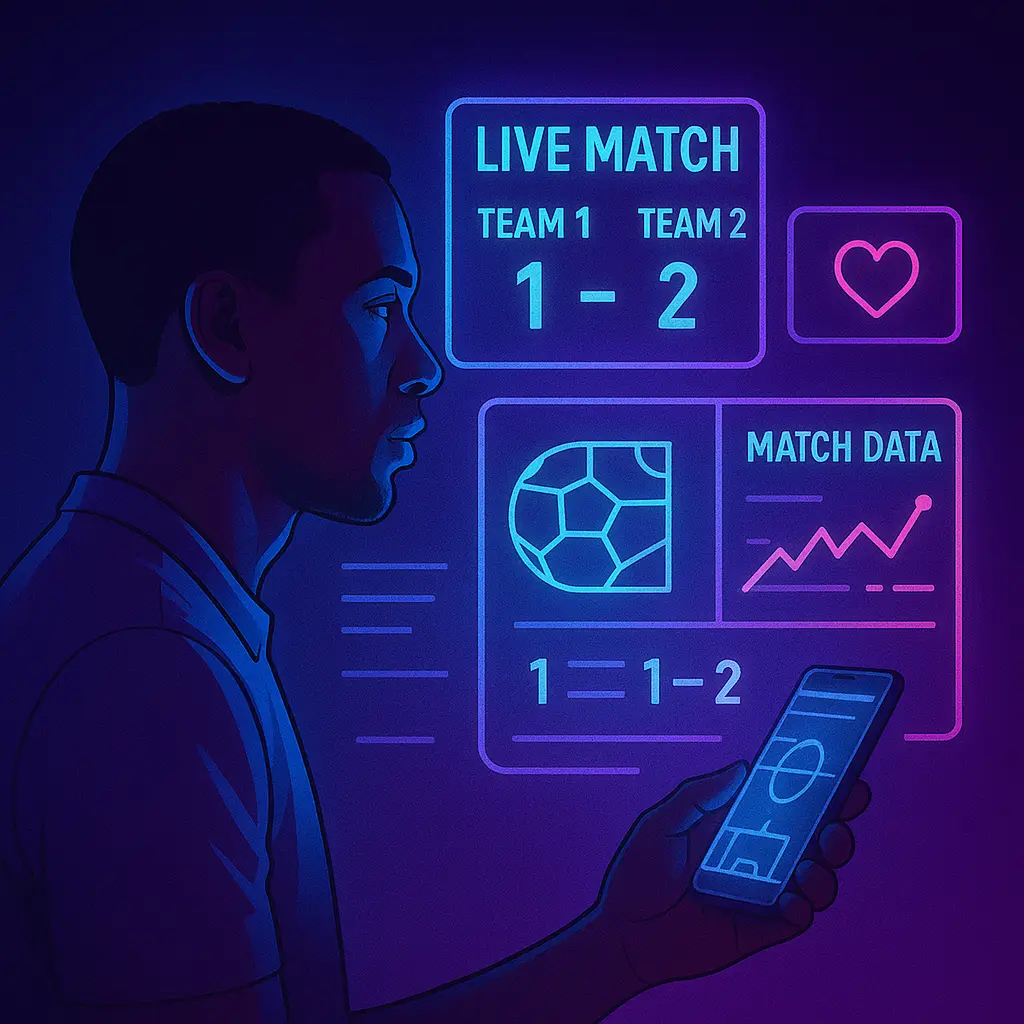 African soccer bettor watching live match data holograms