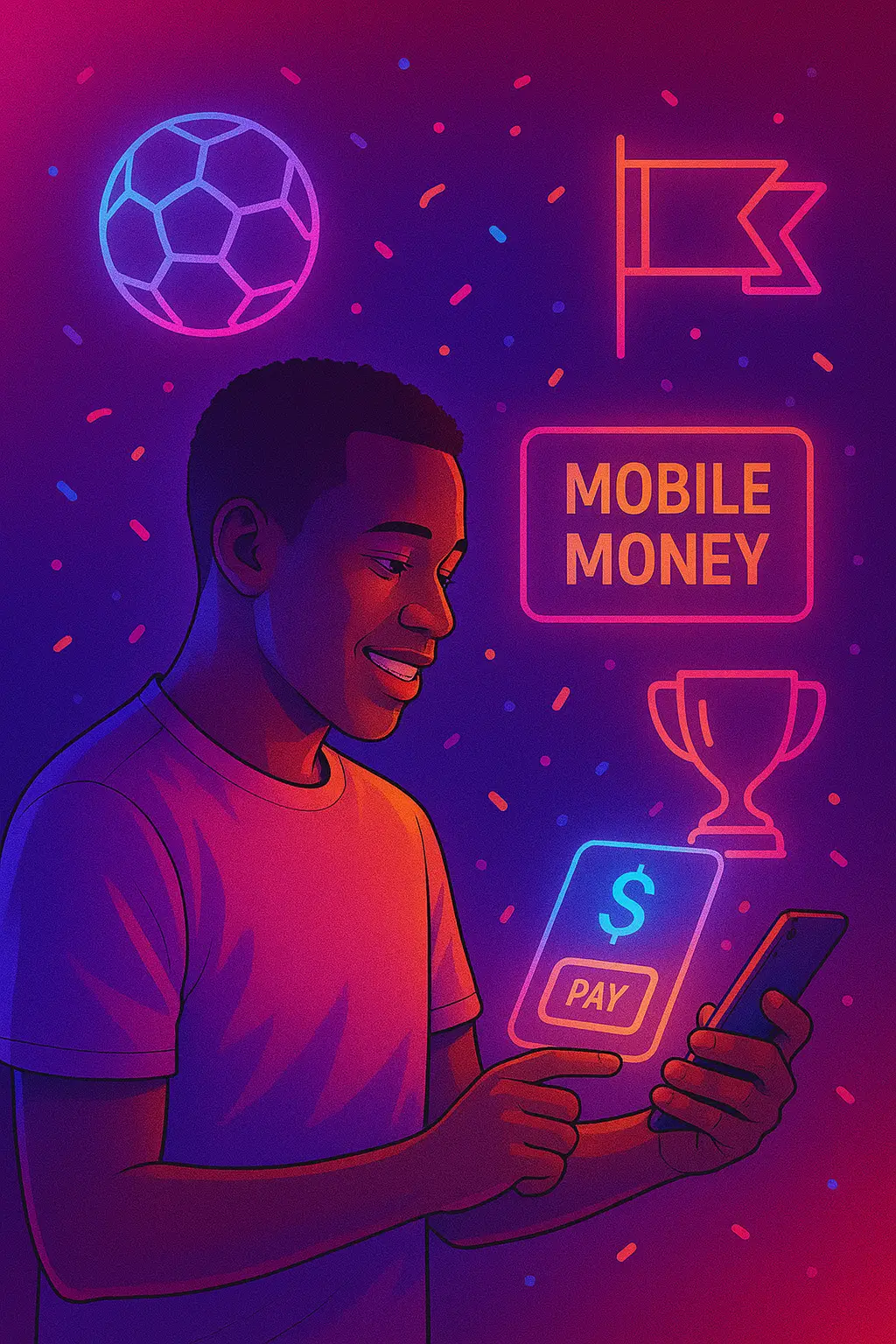 African soccer fan using a mobile money app with neon festive visuals