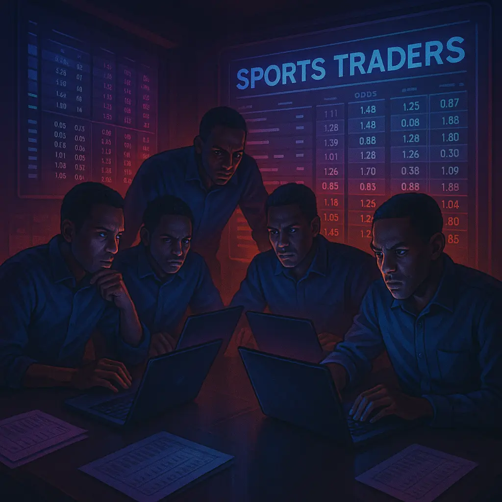 Professional African sports traders collaborating in a war room with multiple screens