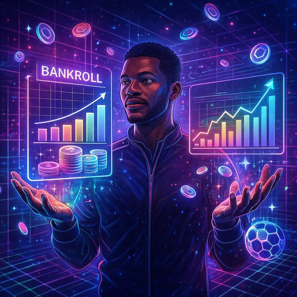 African soccer bettor balancing bankroll charts with festive colors