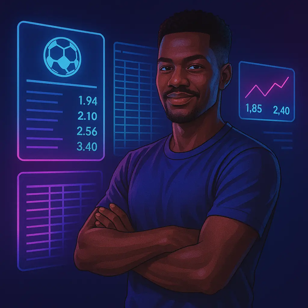 African value betting researcher reviewing spreadsheets with soccer graphics