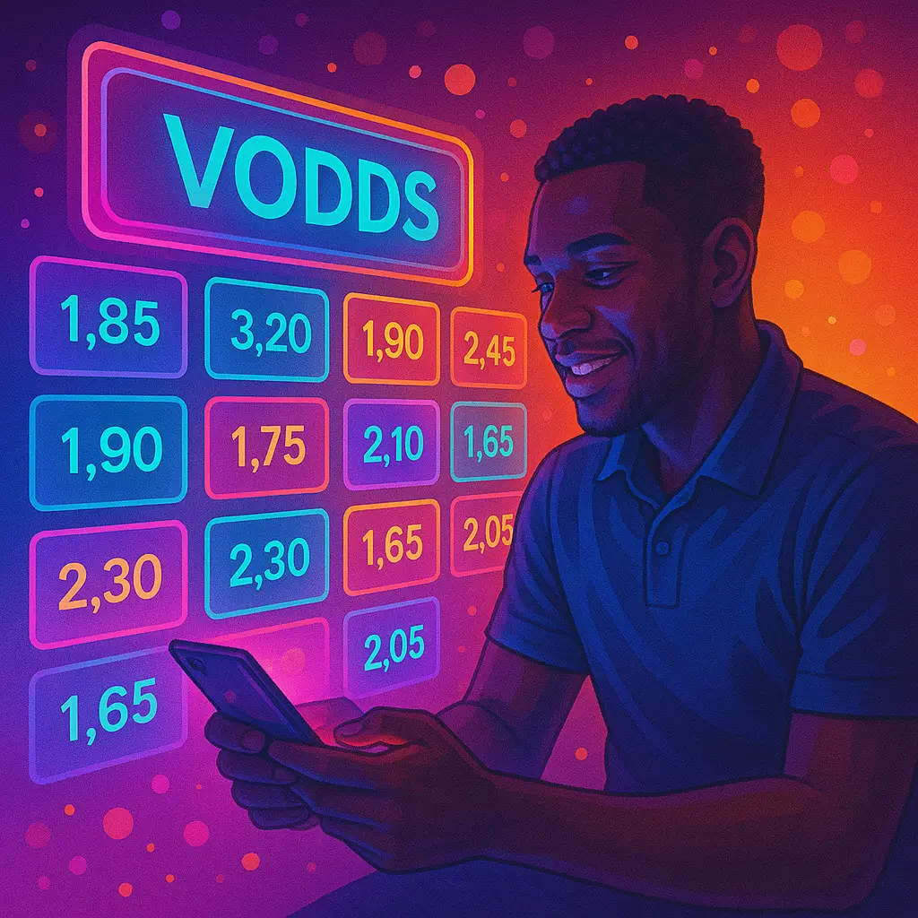 African professional bettor using a Vodds multi-book dashboard with holographic odds